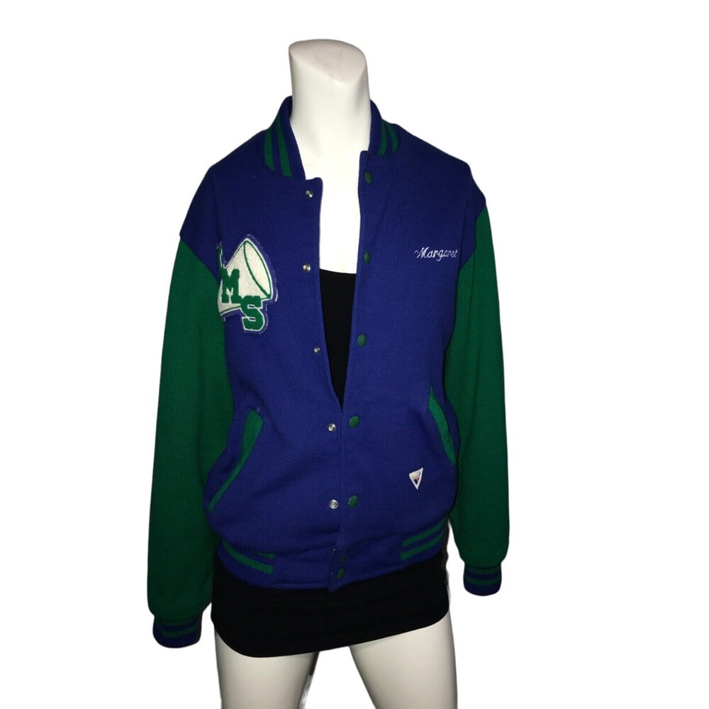 70s 80s Letterman Varsity Jacket Womens "Margaret" LMS ~ USA Green Blue Medium